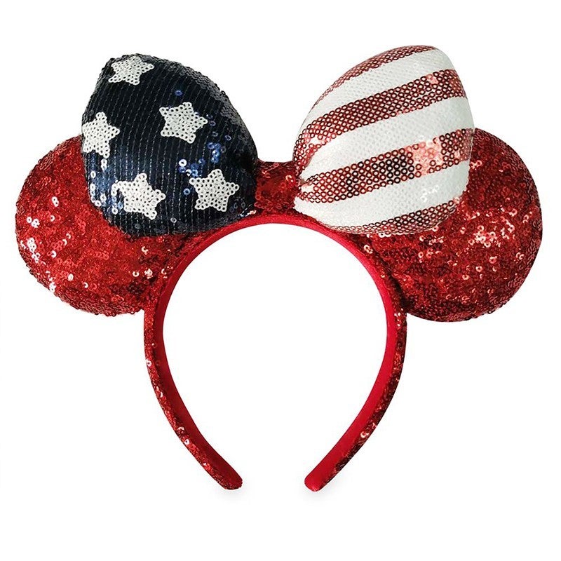 Disney Parks Sequin Minnie Mouse Ears Headband Black White Polka Dot Red Bow