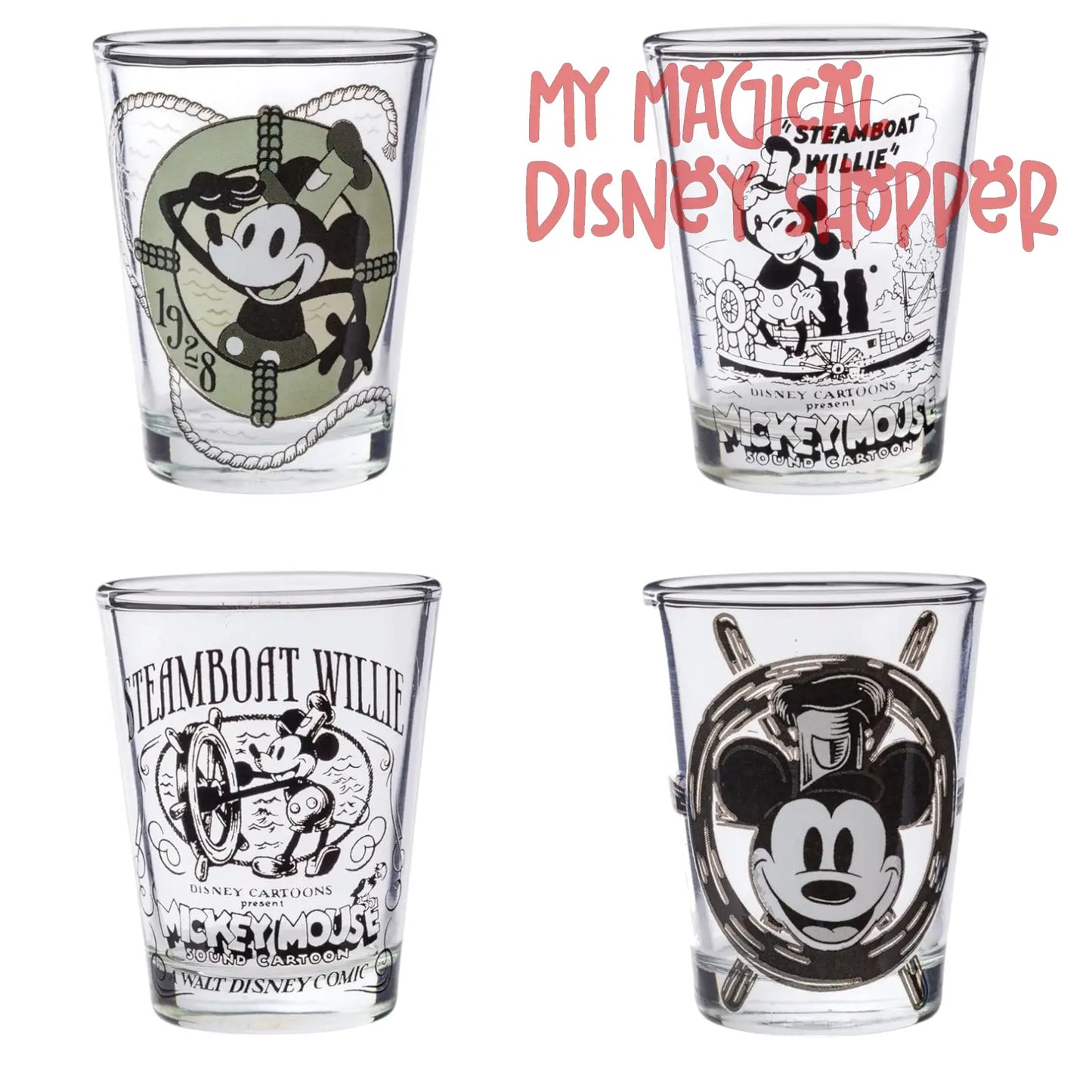 Disney 100 Steamboat Willie Shot Glass Set – 4 Piece Collector Set 🚢🐭✨