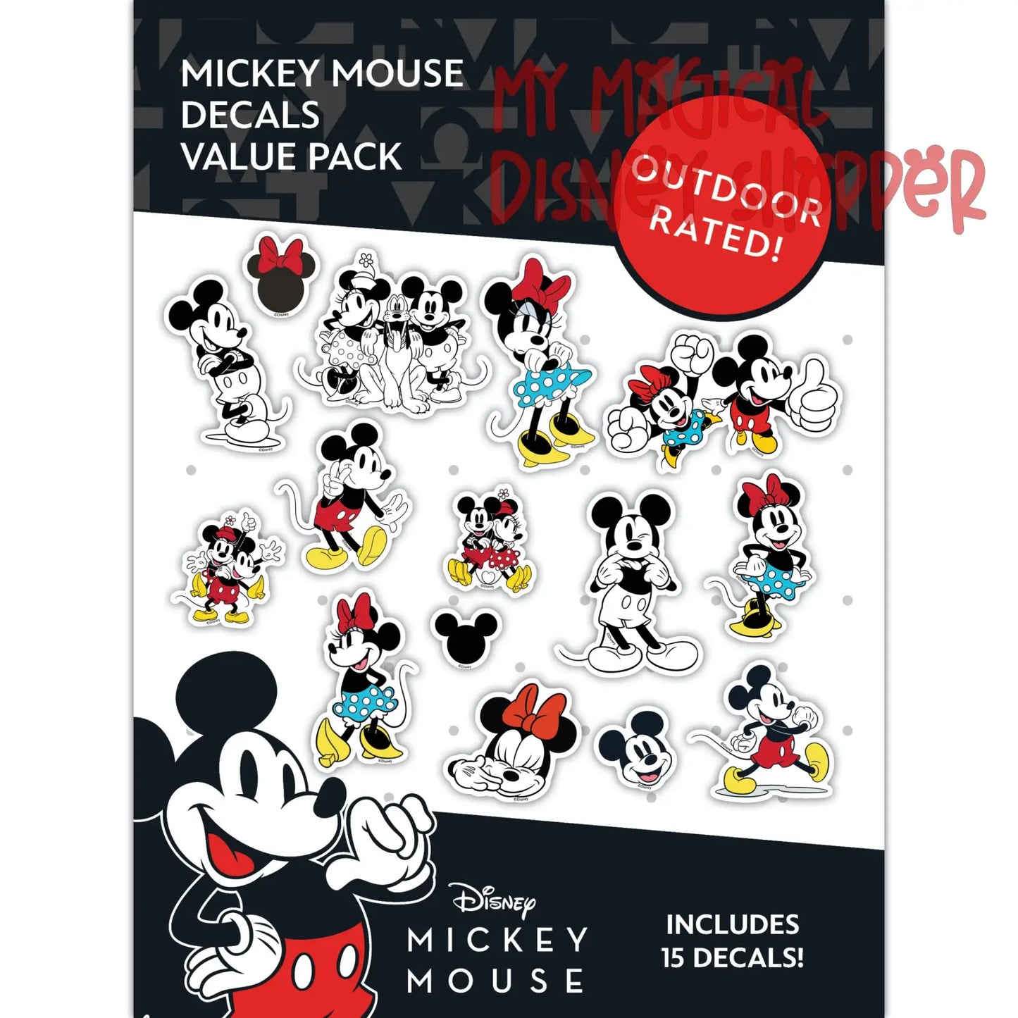 Disney Classic Mickey & Minnie Mouse Decals - Set of 15 Mickey and Minnie Mouse Waterproof Stickers