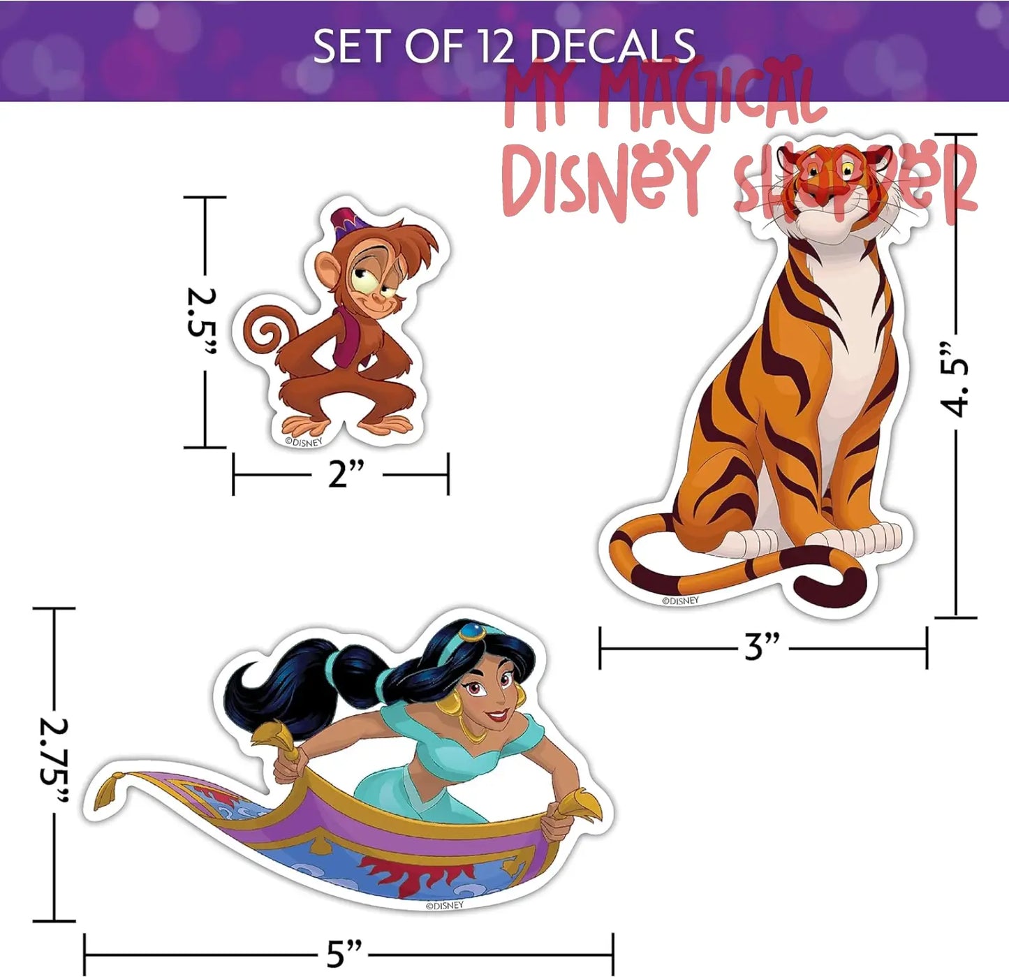 Disney Princess Waterproof Decals - Belle, Aurora, Jasmine, Little Mermaid - Set of 13 Stickers
