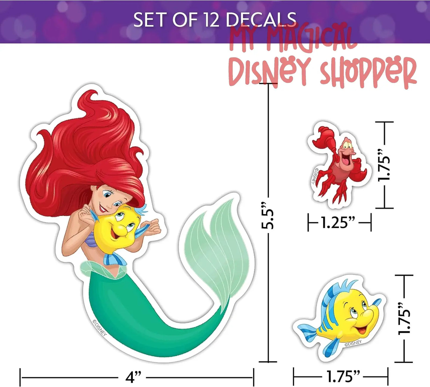 Disney Princess Waterproof Decals - Belle, Aurora, Jasmine, Little Mermaid - Set of 13 Stickers