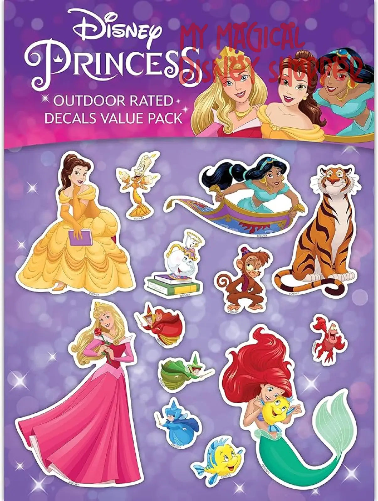 Disney Princess Waterproof Decals - Belle, Aurora, Jasmine, Little Mermaid - Set of 13 Stickers