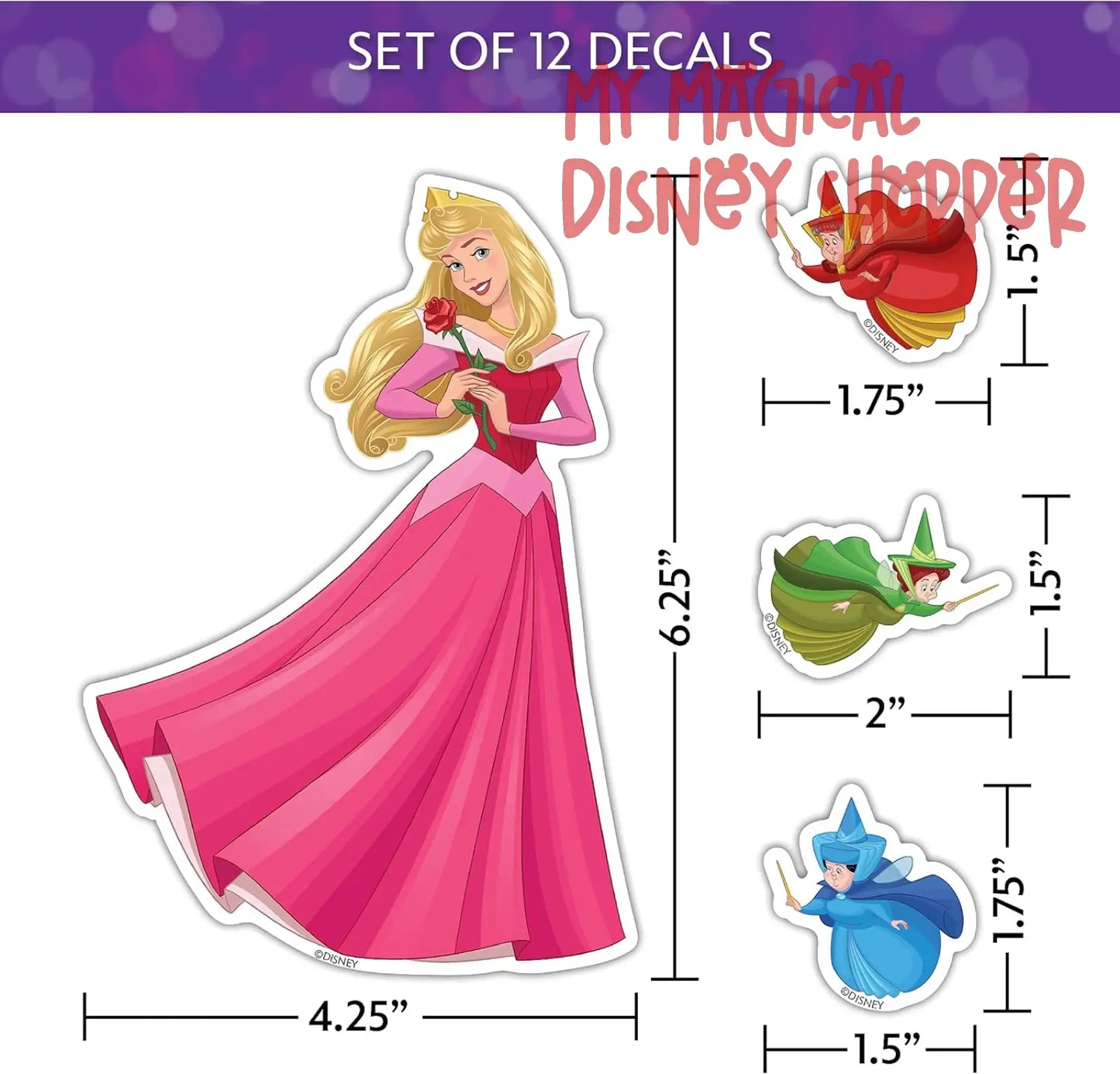 Disney Princess Waterproof Decals - Belle, Aurora, Jasmine, Little Mermaid - Set of 13 Stickers