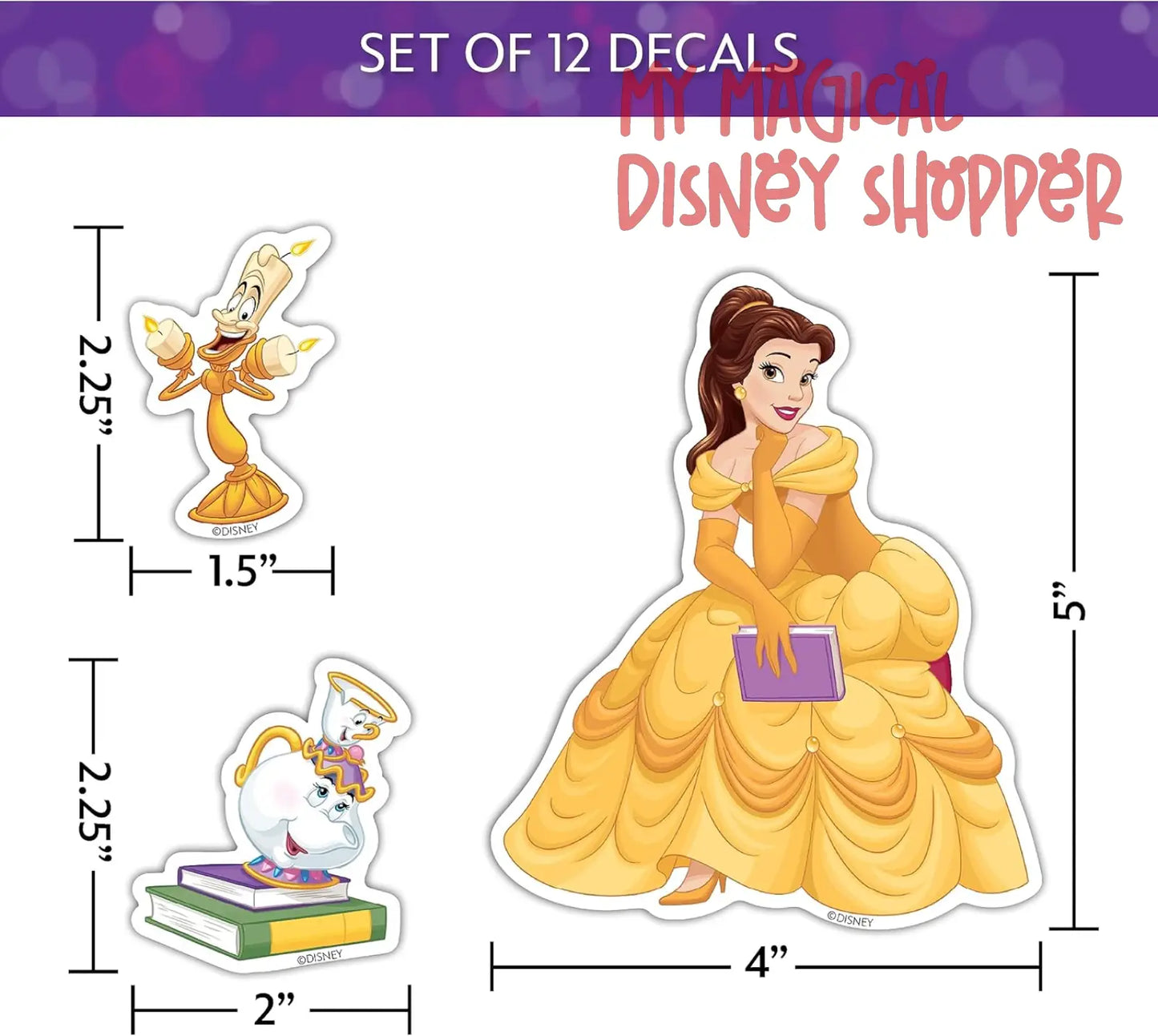 Disney Princess Waterproof Decals - Belle, Aurora, Jasmine, Little Mermaid - Set of 13 Stickers