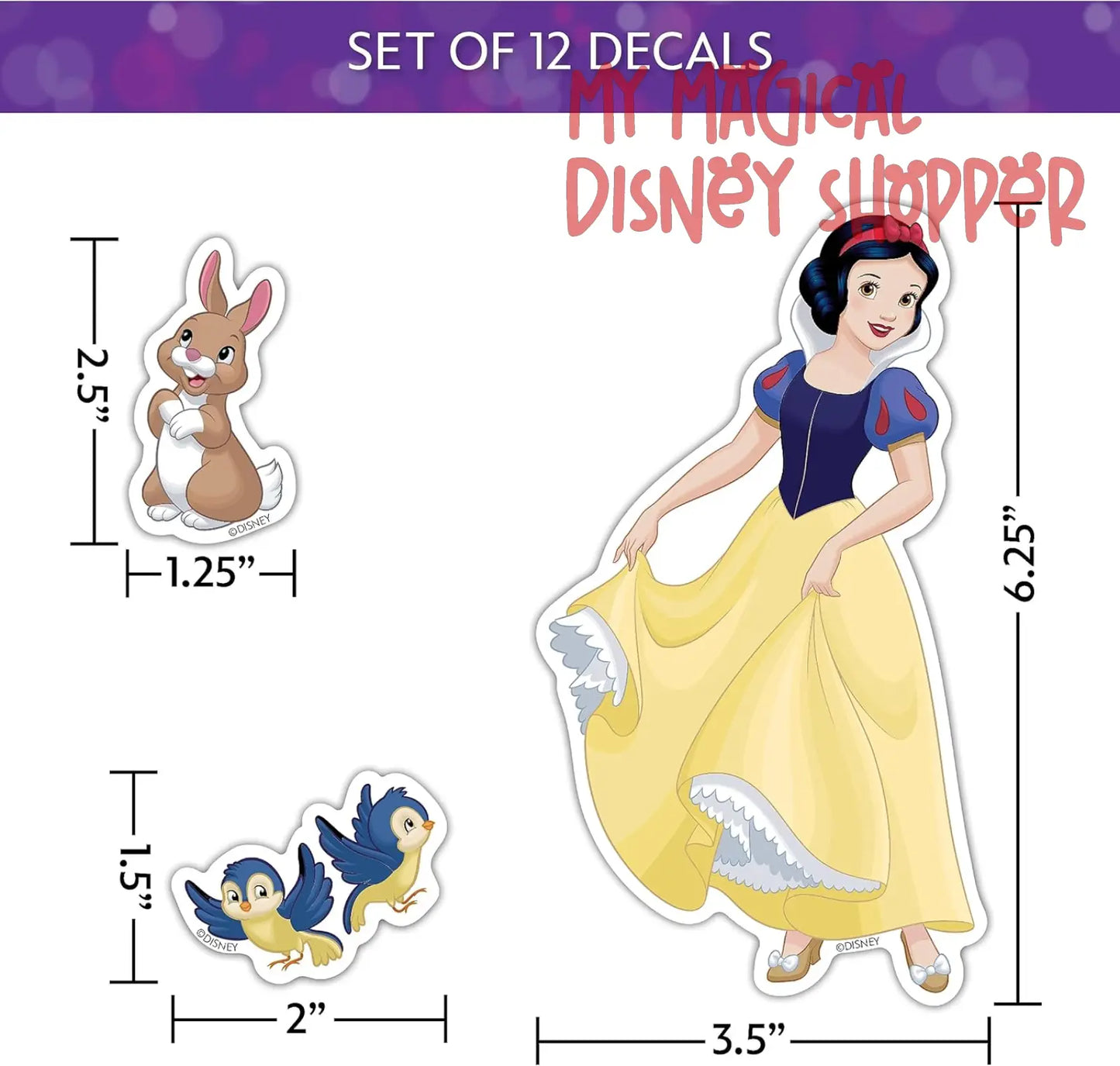 Disney Princess Waterproof Decals - Pocahontas, Cinderella, Snow White, Mulan - Set of 12