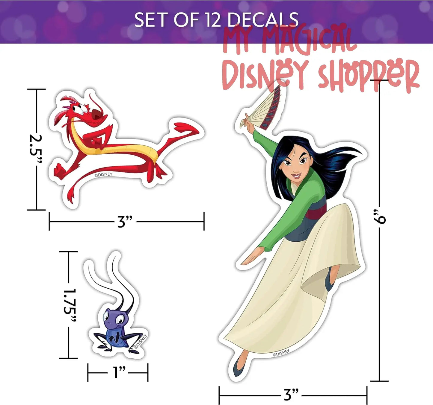 Disney Princess Waterproof Decals - Pocahontas, Cinderella, Snow White, Mulan - Set of 12