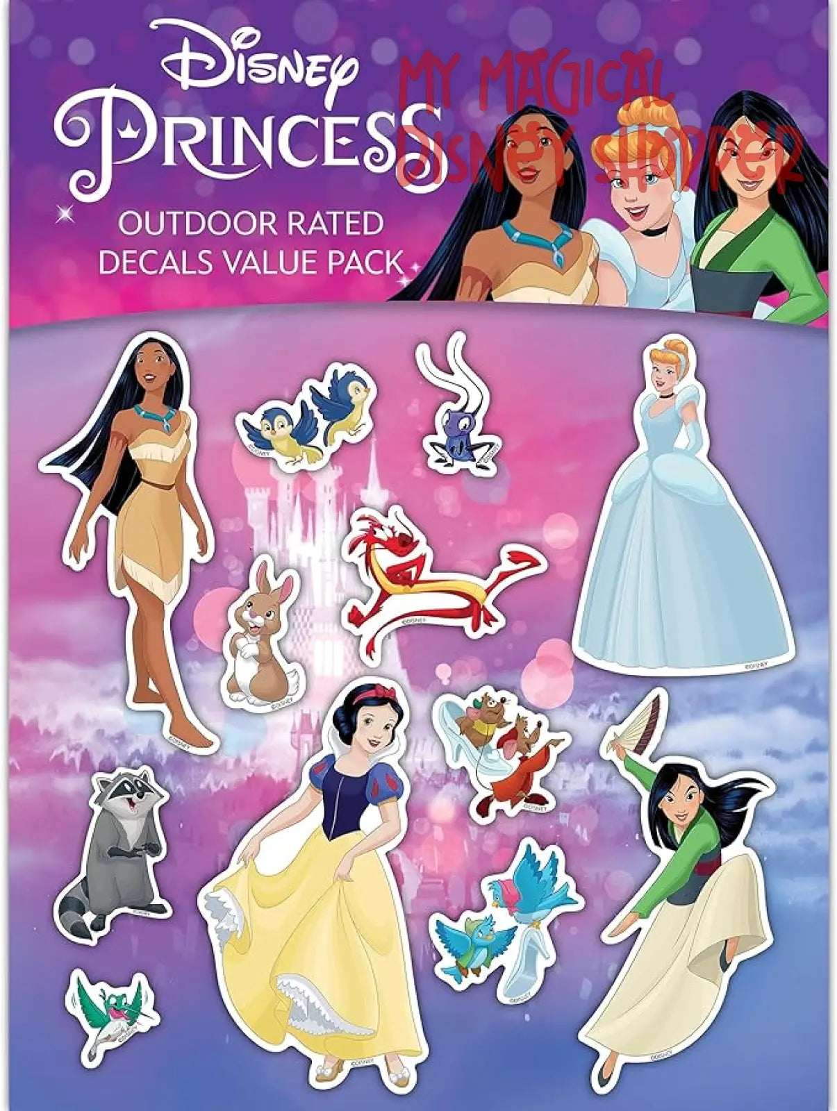 Disney Princess Waterproof Decals - Pocahontas, Cinderella, Snow White, Mulan - Set of 12