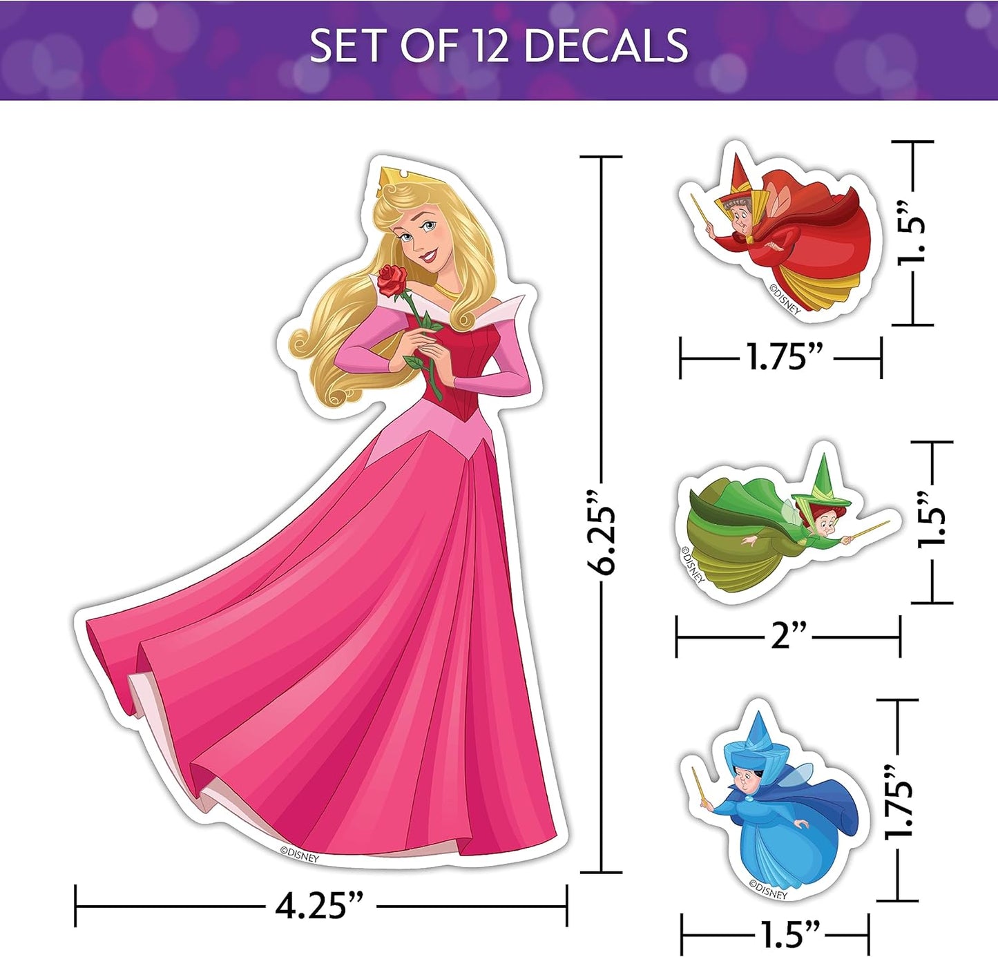 Disney Princess Waterproof Decals - Belle, Aurora, Jasmine, Little Mermaid - Set of 13 Stickers
