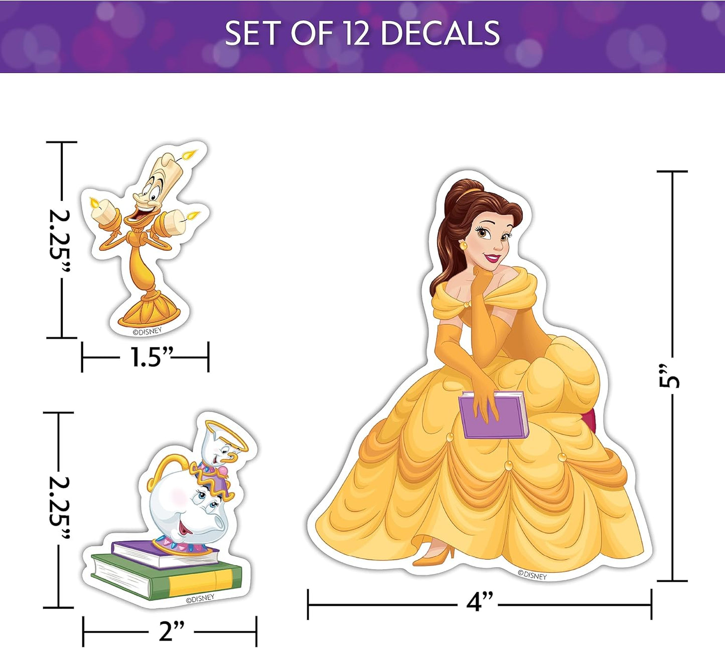 Disney Princess Waterproof Decals - Belle, Aurora, Jasmine, Little Mermaid - Set of 13 Stickers
