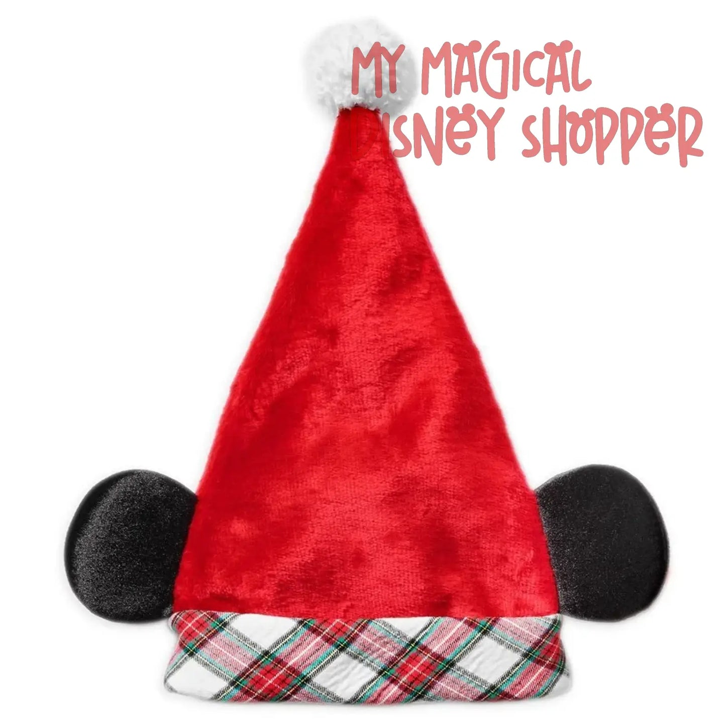 Mickey Mouse Holiday Plaid Disney Santa Hat W/ Mouse Ears