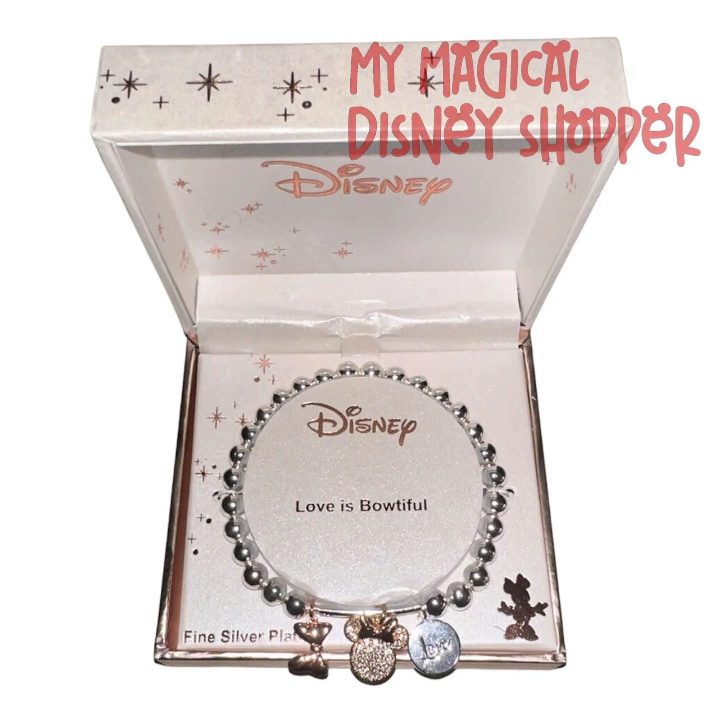 Minnie Mouse Love is Bowtiful Fine Silver Plated Charms Bracelet
