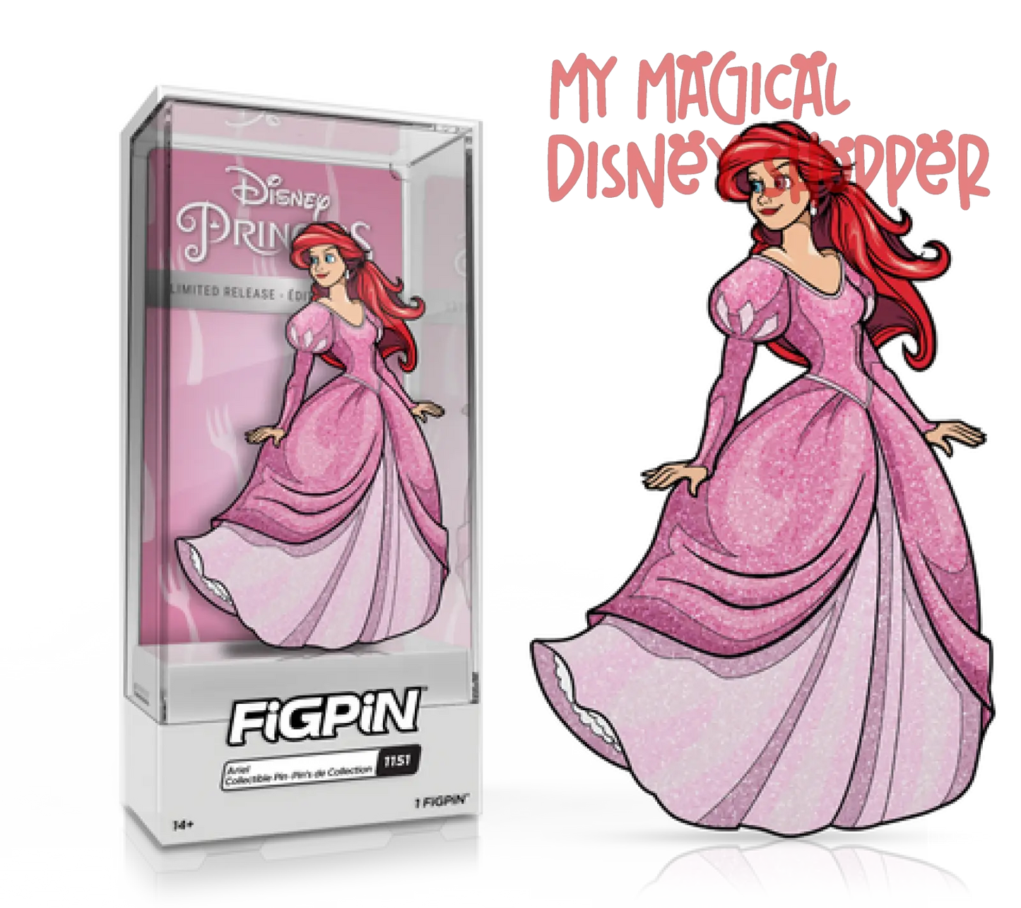 Disney Parks Figpin The Little Mermaid Ariel (Pink Dress) with Glitter