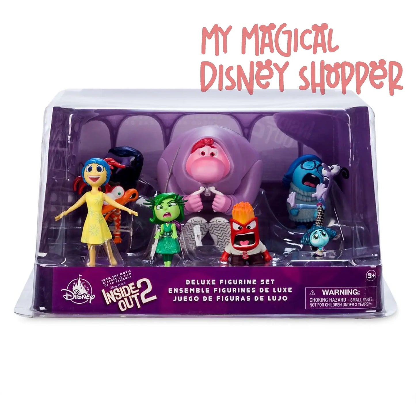 Set of toy figurines in packaging with 'Inside Out' branding on a white background.