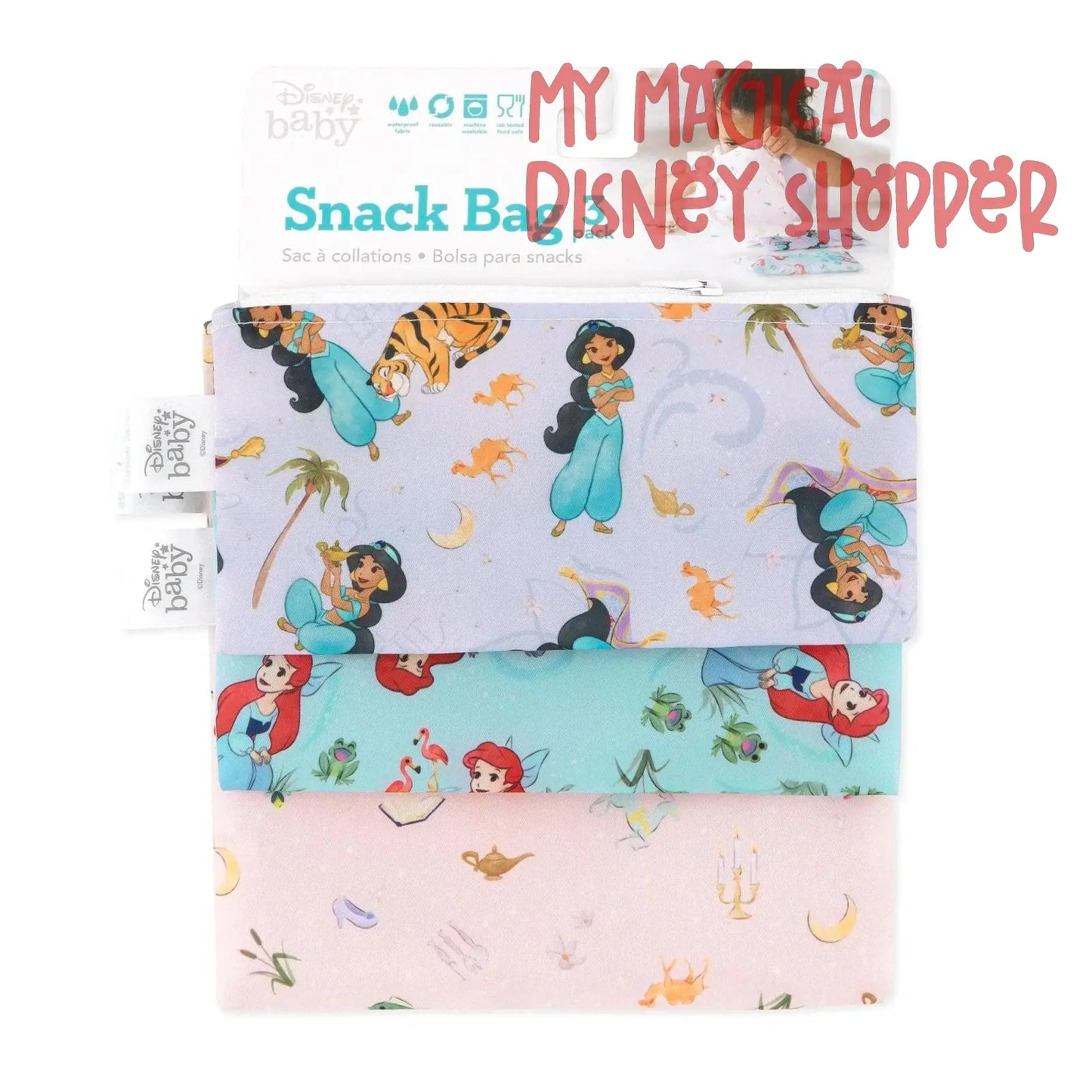 Princess Magic, Ariel, and Jasmine Reusable Snack Bag, 3-Pack