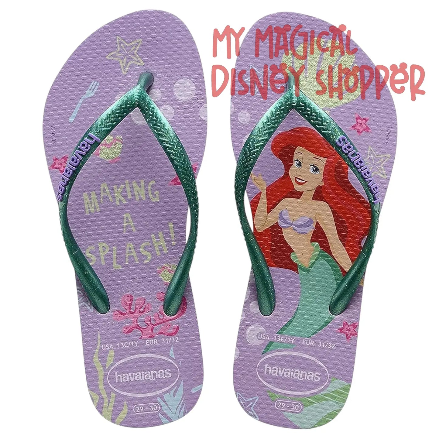 Purple Havaianas Kids Slim Princess Ariel Flip Flops - The Little Mermaid - Youth US 9