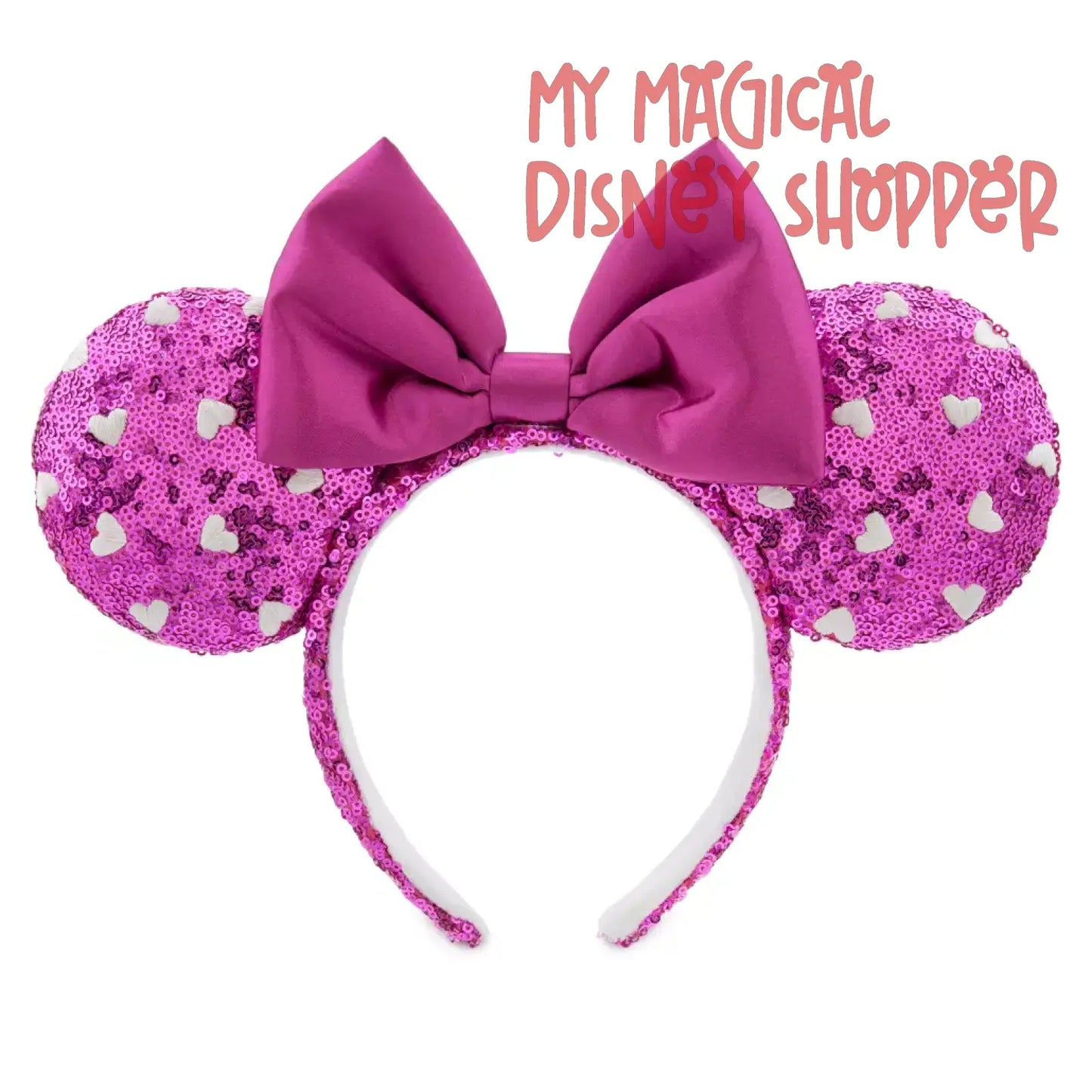 Valentine Minnie Mouse Sequined Ear Headband with Bow - Pink with Hearts