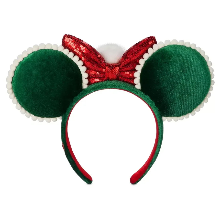 Green Minnie Mouse Christmas Ear Headband with Pom and Sequin Bow