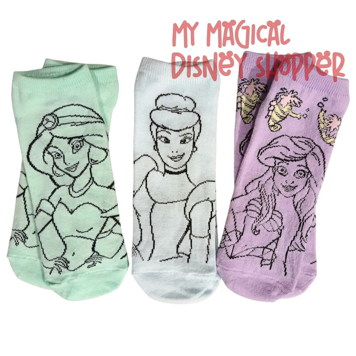 Trainer 3 Pack Socks (Adult Size 4–10) Disney Princesses – Ariel, Jasmine & Cinderella 🧦👑✨💖