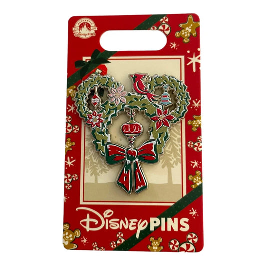 Mickey Mouse Christmas Wreath Pin with Cardinal