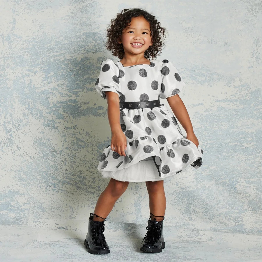 White and Black Mickey Mouse Polka Dot Dress for Kids