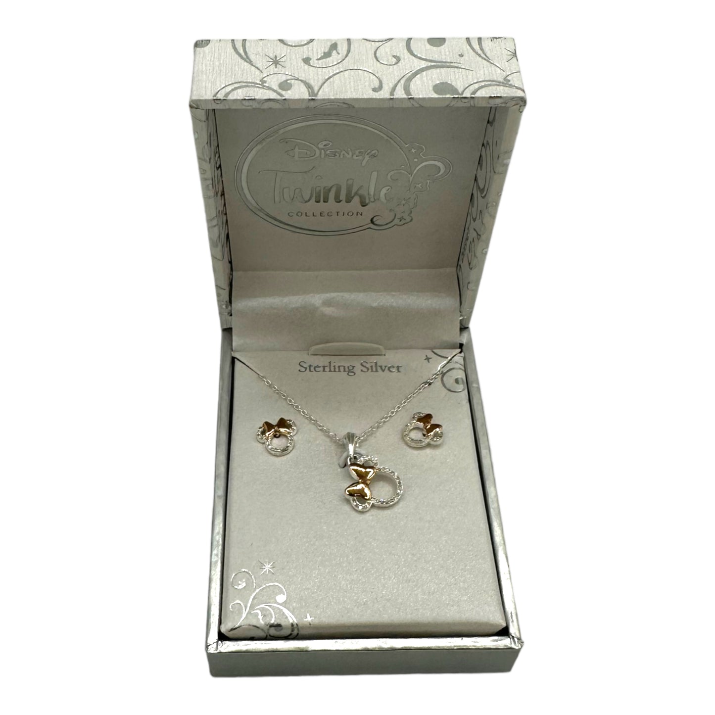 Minnie Mouse Diamond Accent Pendant And Earring Set In Sterling Silver With 18k Rose Gold Plated Accents
