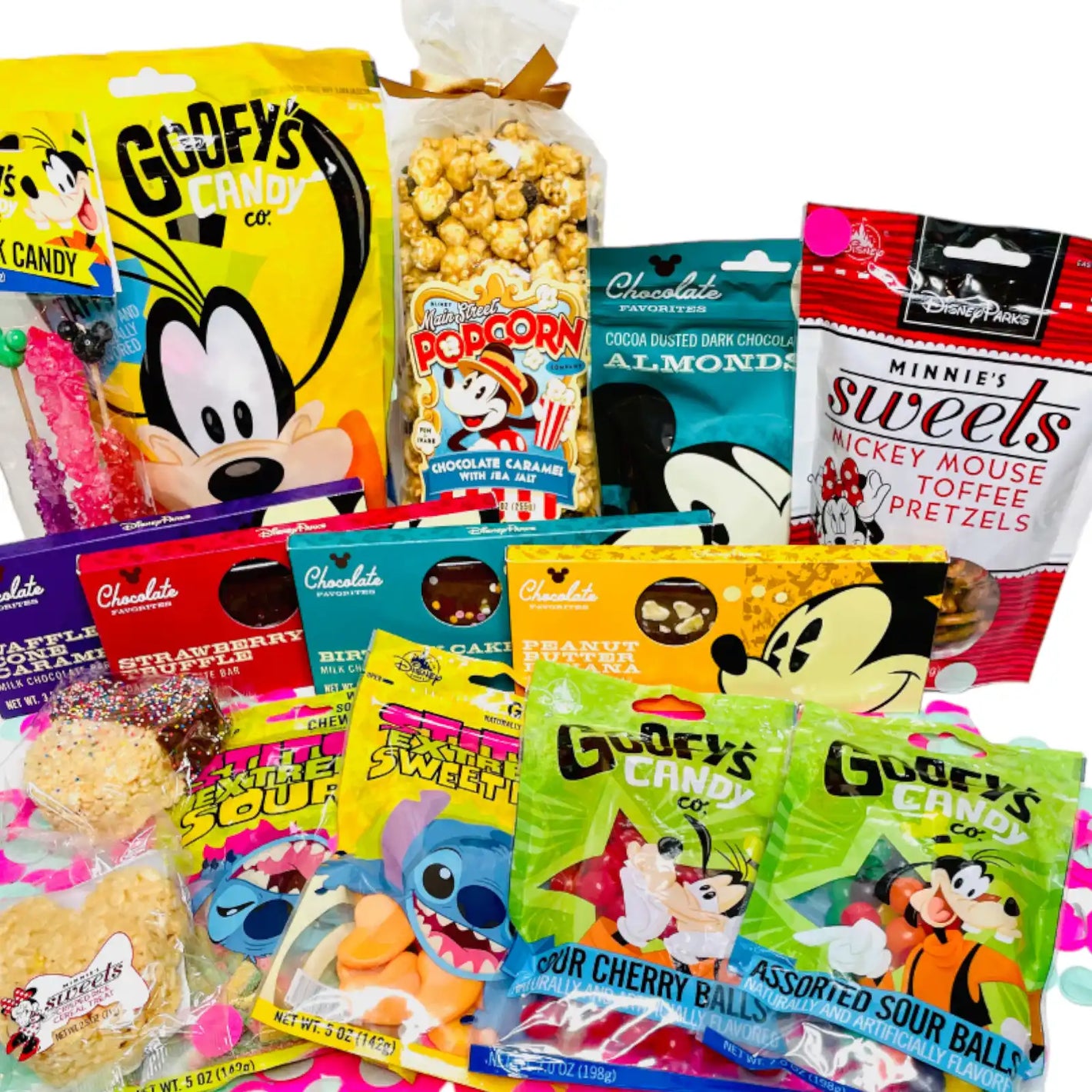 An assortment of Disney-themed candies and snacks.