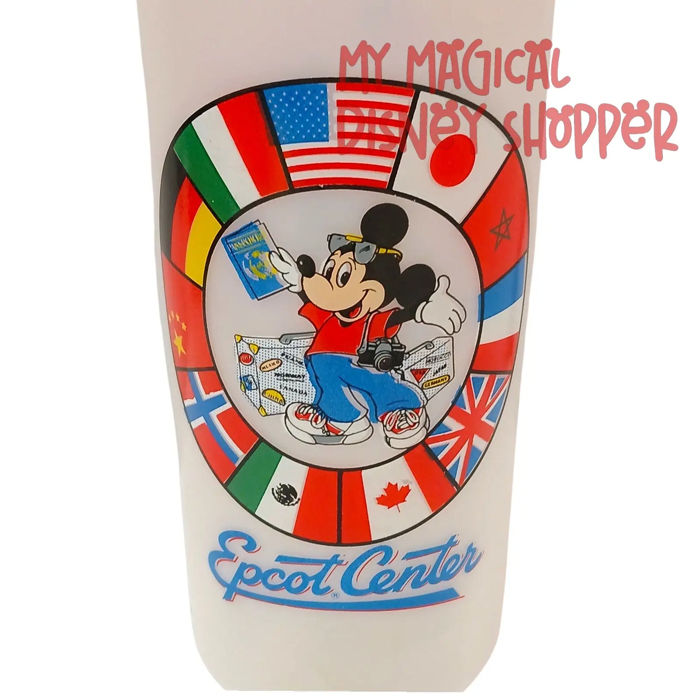 Vintage 90's Epcot Center Mickey Mouse World Showcase Plastic Water Bottle with Straw