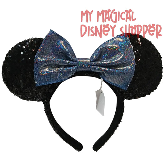 Disney Parks Black Sequin Minnie Ears with Shimmery Blue Bow - Gently Used