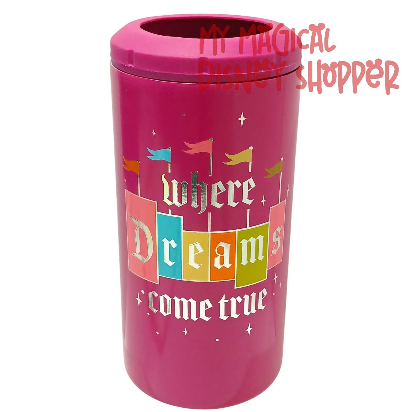 Disney Parks "Where Dreams Come True" Summer Slim Can Metal Drink Coozie Pink