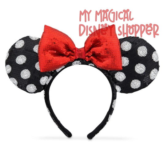 Black and White Red Bow Polka Dot Minnie Mouse Ear Headband