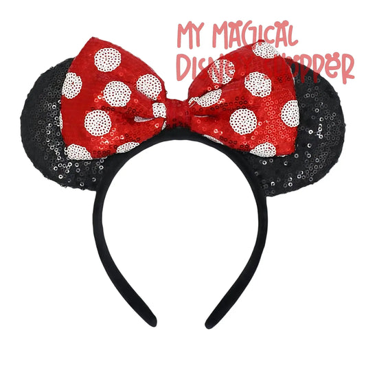 Black Sequin Minnie Ears with Red & White Polka Dot Bow - Gently Used