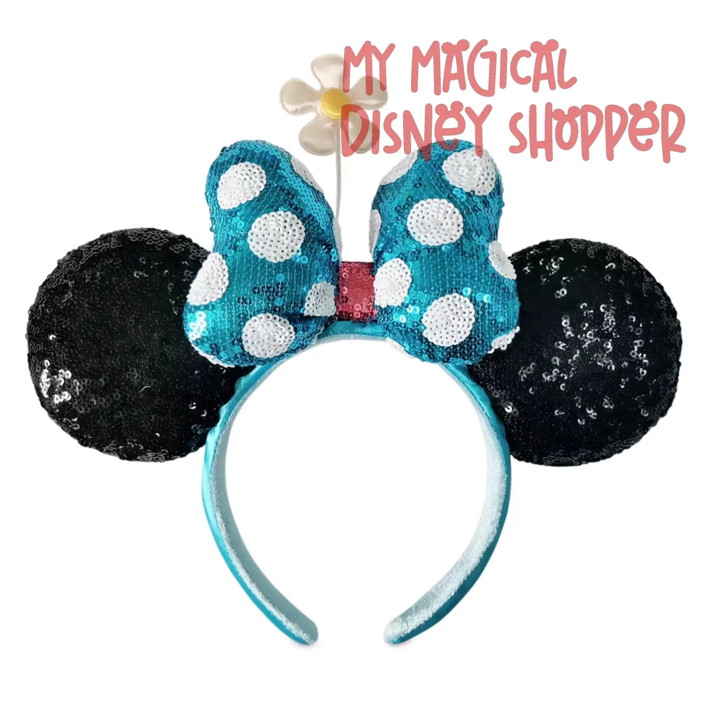 Blue Minnie Mouse Sequined Ear Headband with Flower