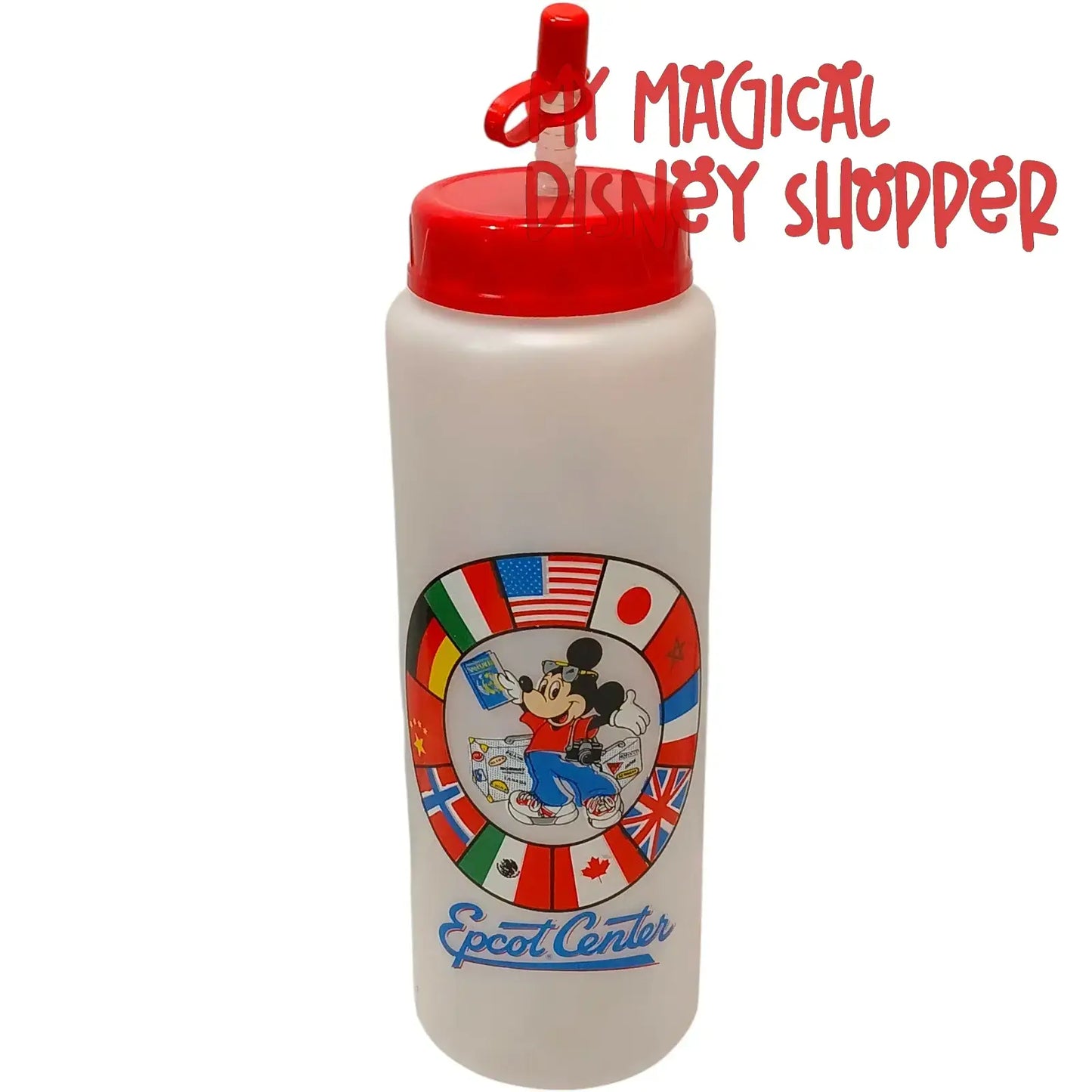 Vintage 90's Epcot Center Mickey Mouse World Showcase Plastic Water Bottle with Straw