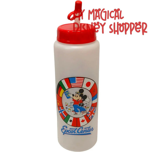 Vintage 90's Epcot Center Mickey Mouse World Showcase Plastic Water Bottle with Straw