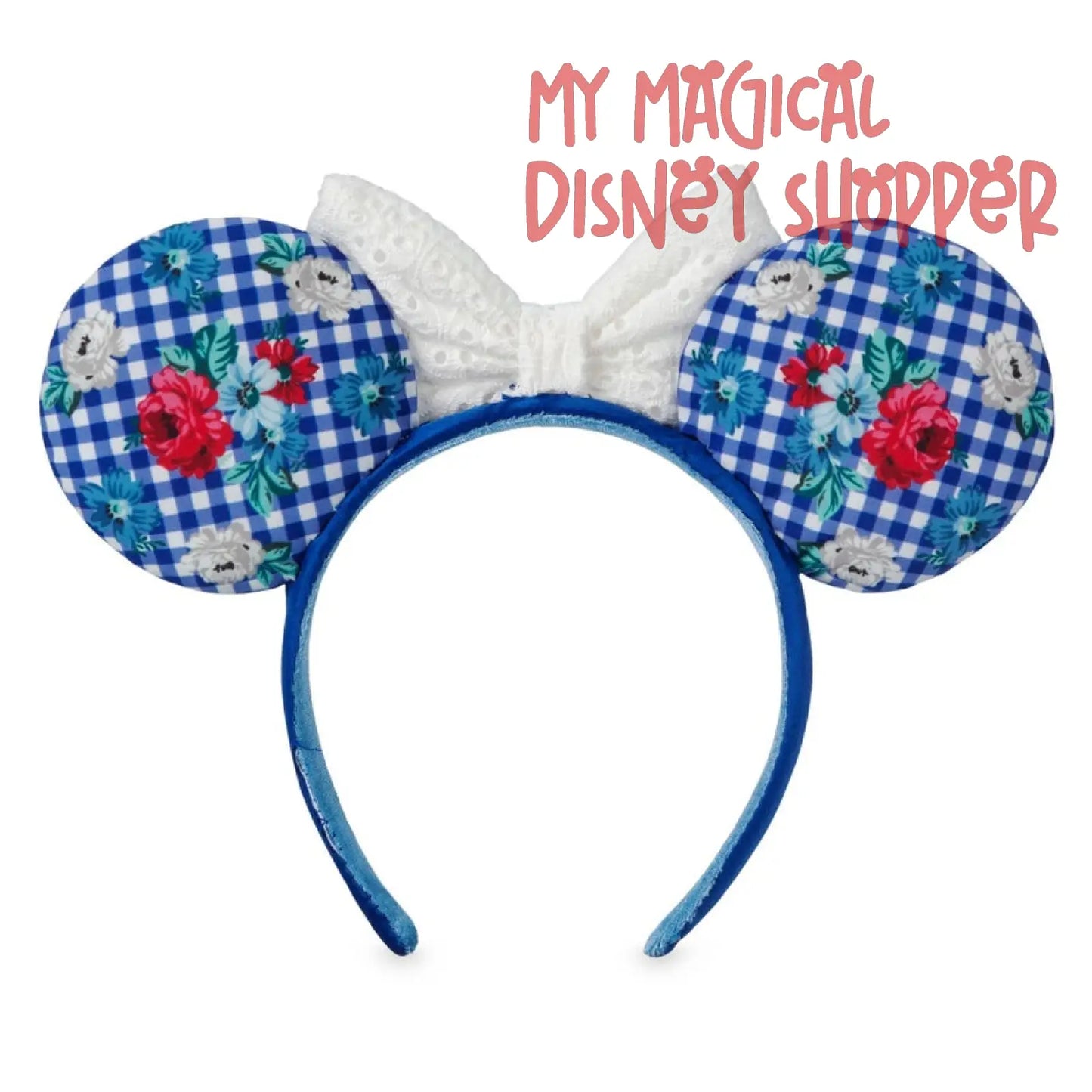 Cottage Floral Gingham With White Eyelet Bow Disney Minnie Ear Headband