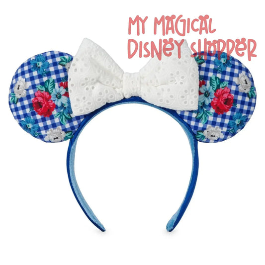 Cottage Floral Gingham With White Eyelet Bow Disney Minnie Ear Headband