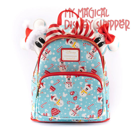 Disney Loungefly Mini Backpack - Snowman Mickey And Minnie Mouse Mini Backpack With Ears Headband