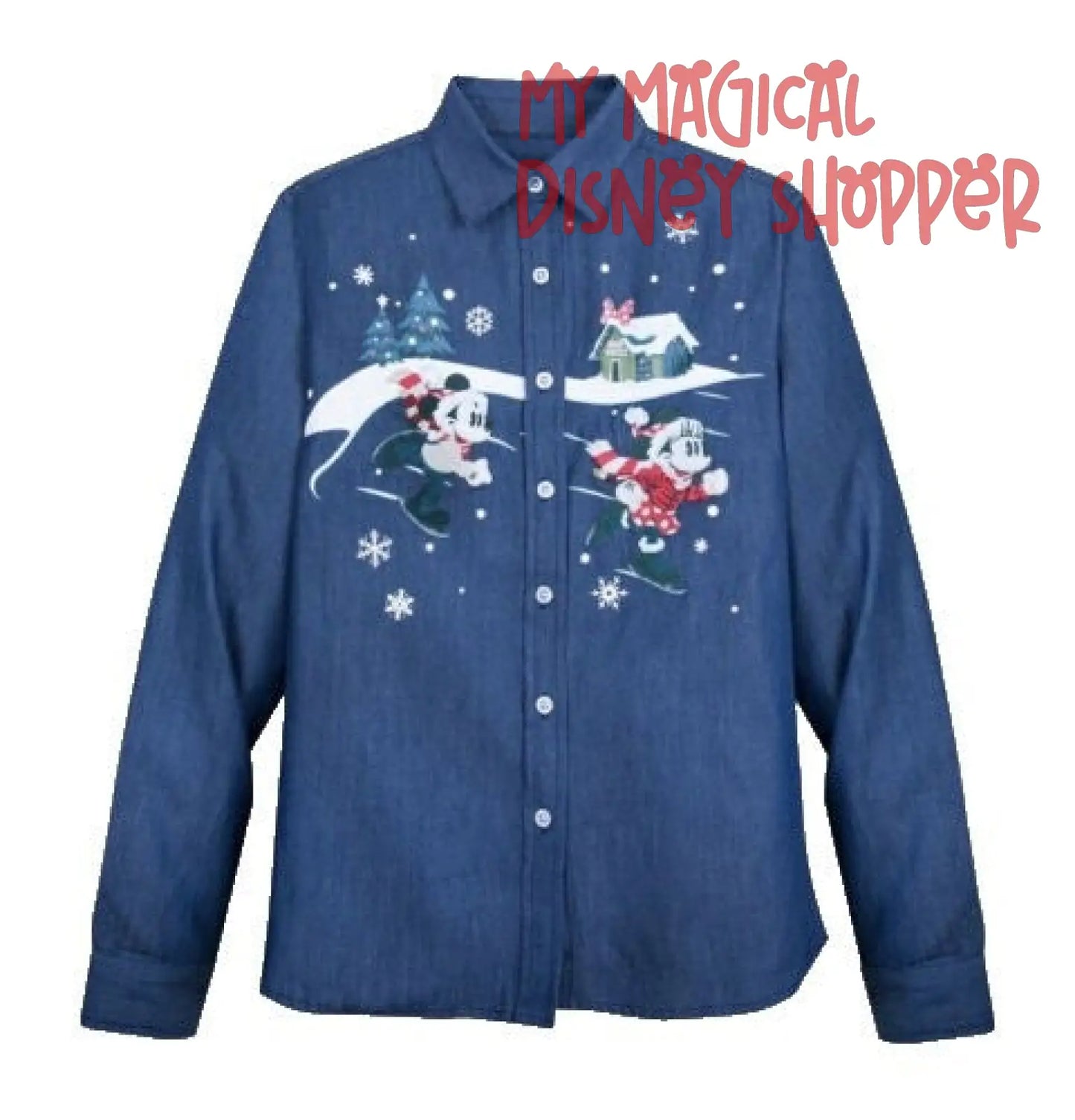 Disney Mickey & Minnie Ice Skating Christmas Women's Denim Button Shirt - Size Small