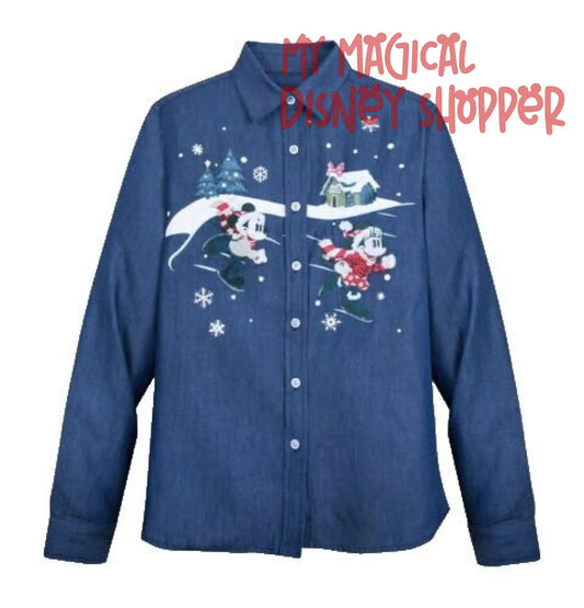 Disney Mickey & Minnie Ice Skating Christmas Women's Denim Button Shirt - Size Small