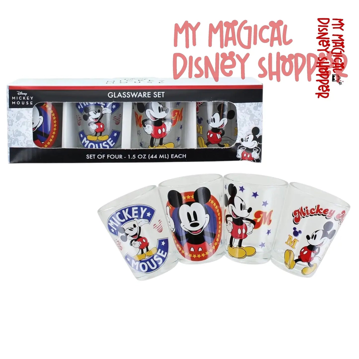 Disney Mickey Mouse Vintage Logos 4 Piece Shot Glass Set
