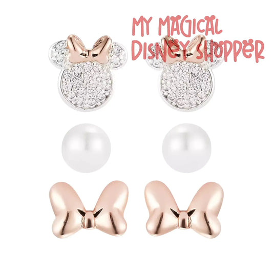 Disney Minnie Mouse Bowtiful Pearl Bows Rhinestone Rose Gold Stud Earrings Set