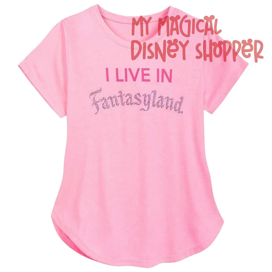 Disney Parks Pink "I Live in Fantasyland" Rhinestone Shirt - Adult Womens XS