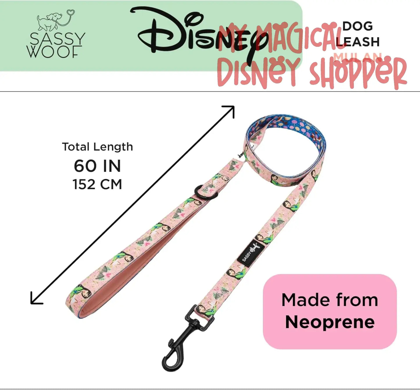 Disney Princess Mulan Dog Leash 60-Inch with Neoprene Padded Handle - Comfortable, Durable, and Stylish for Small to Large Dogs