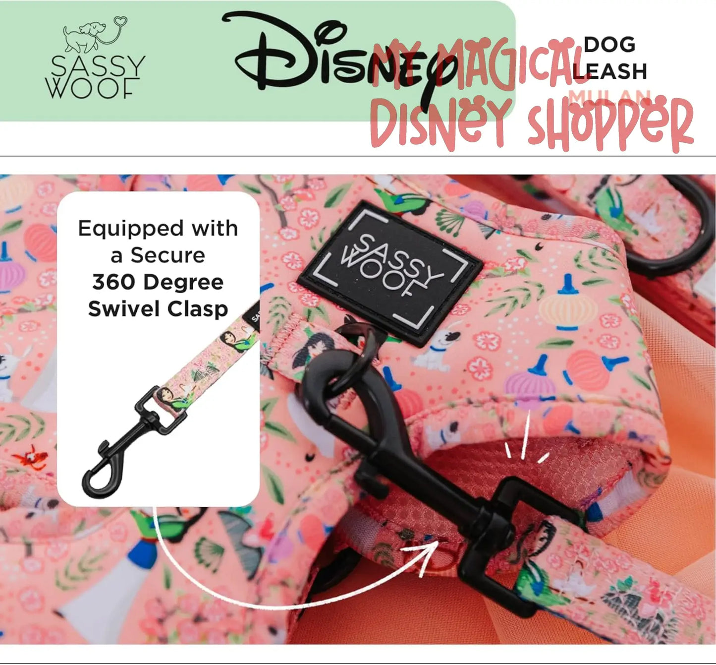 Disney Princess Mulan Dog Leash 60-Inch with Neoprene Padded Handle - Comfortable, Durable, and Stylish for Small to Large Dogs