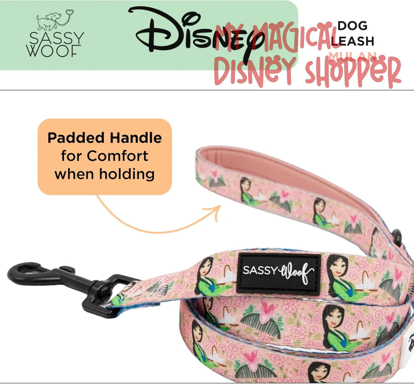 Disney Princess Mulan Dog Leash 60-Inch with Neoprene Padded Handle - Comfortable, Durable, and Stylish for Small to Large Dogs
