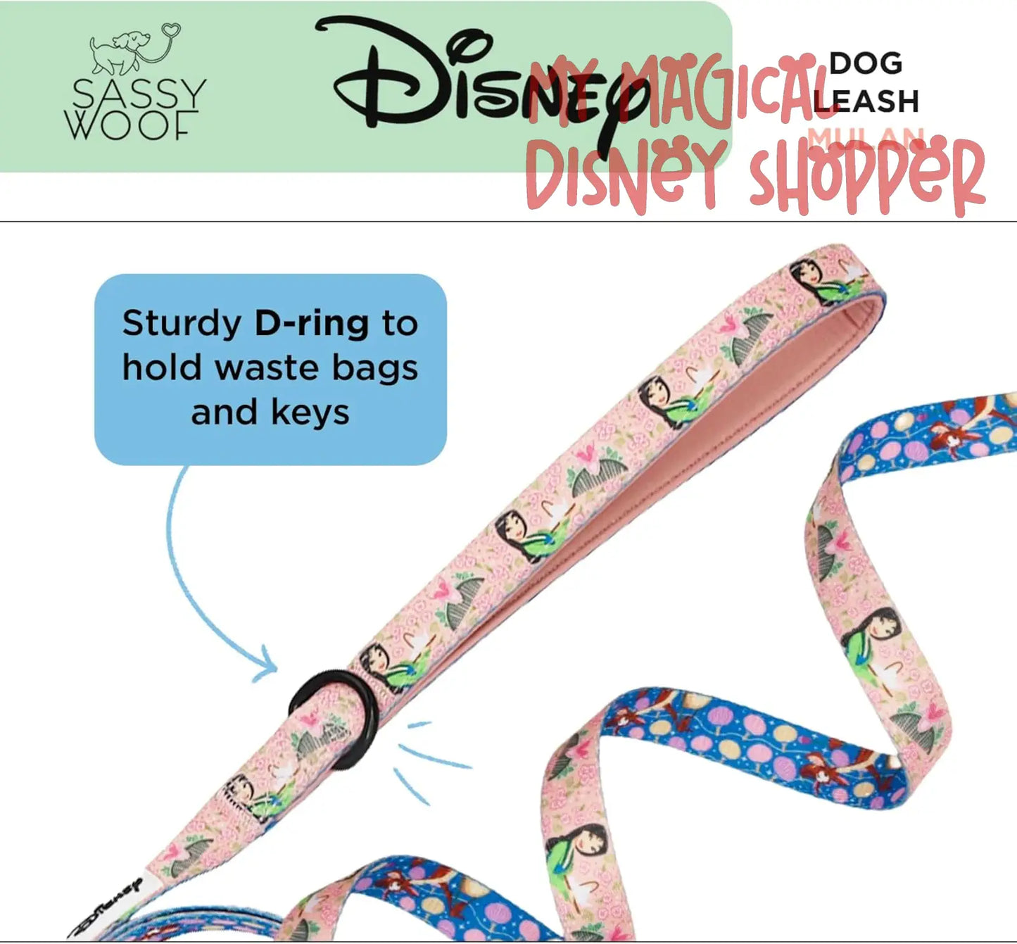 Disney Princess Mulan Dog Leash 60-Inch with Neoprene Padded Handle - Comfortable, Durable, and Stylish for Small to Large Dogs