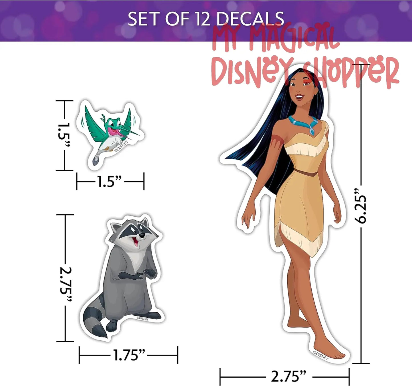Disney Princess Waterproof Decals - Pocahontas, Cinderella, Snow White, Mulan - Set of 12