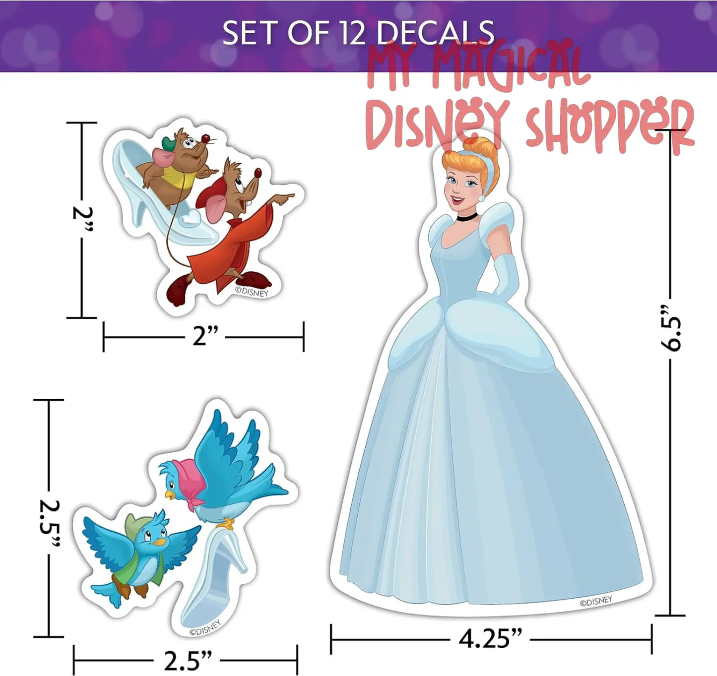Disney Princess Waterproof Decals - Pocahontas, Cinderella, Snow White, Mulan - Set of 12
