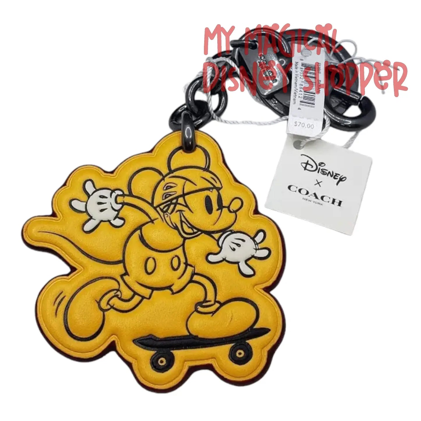 Disney X Coach New York Mickey Mouse Keychain Hangtag Saddle Charm Yellow Skate Board