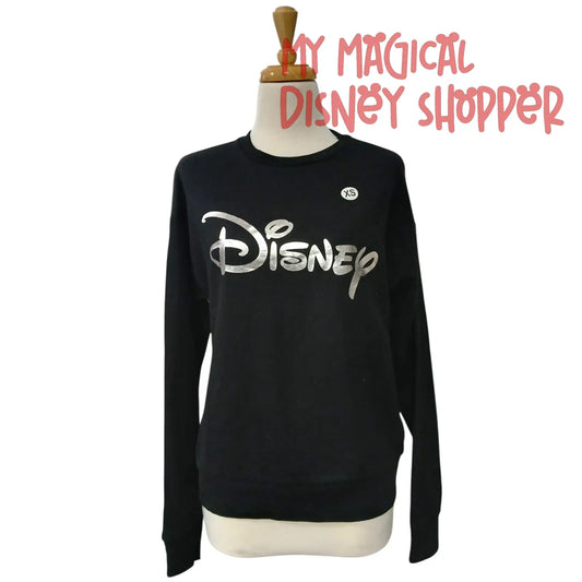 Black Sweatshirt with Shimmering Silver "Disney" - Size Adult XS